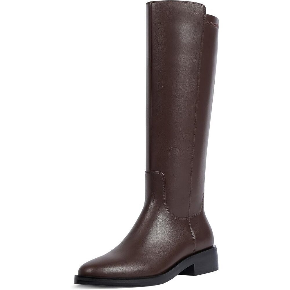 🆕Women Polyurethane Stretch-Chocolate Round Toe Flat Side Zipper Knee High Boot